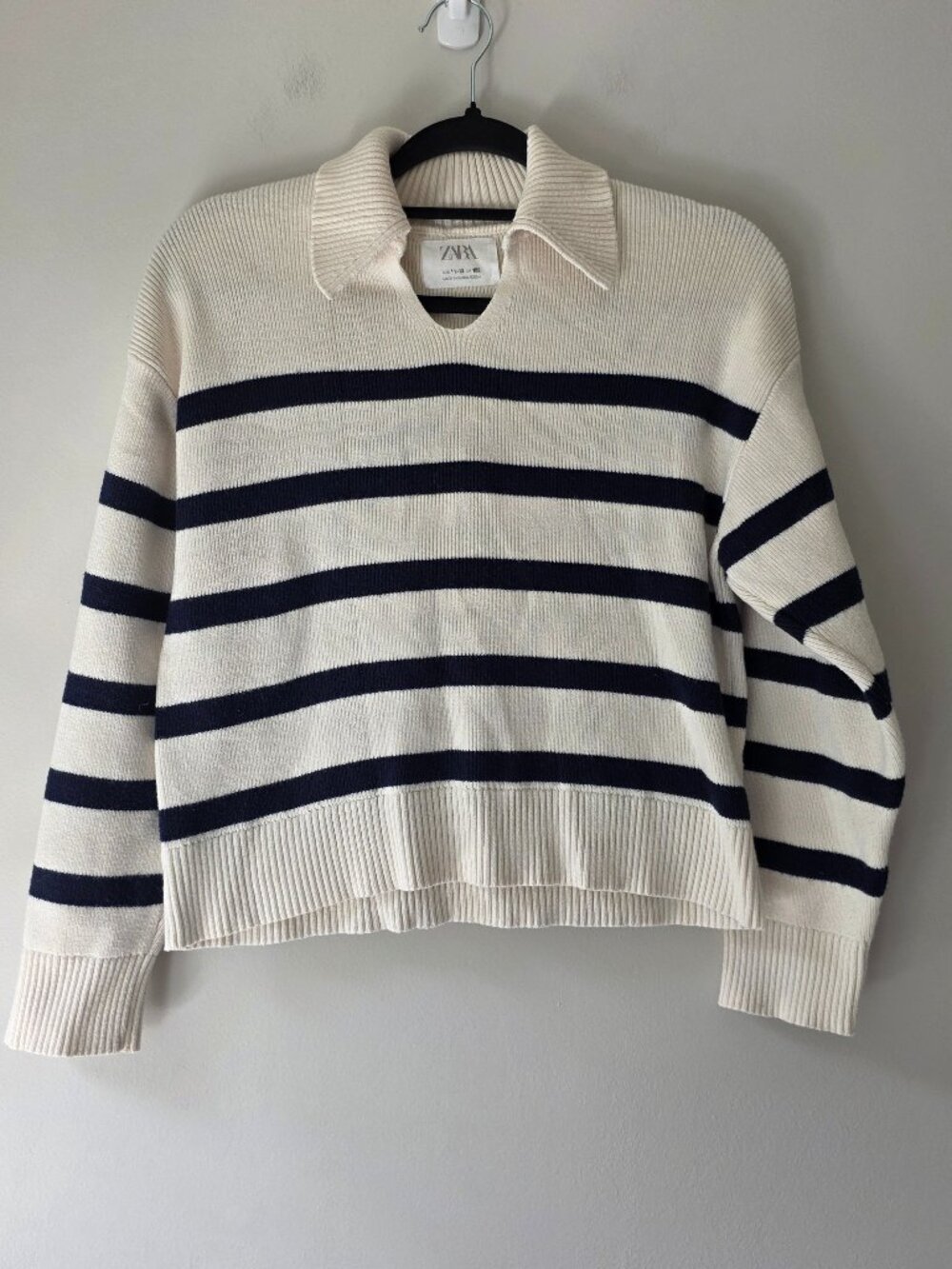 Zara Kids Girl Striped Collared Knit Sweater | 11-12 | Navy Blue Cream Preppy